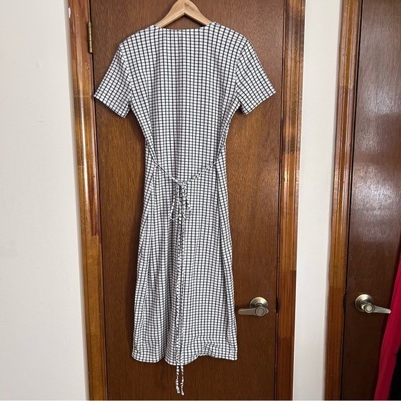 Zara Midi Dress Womens Small S White Black Grid Print Side Button Slit Tie Back - Picture 2 of 4